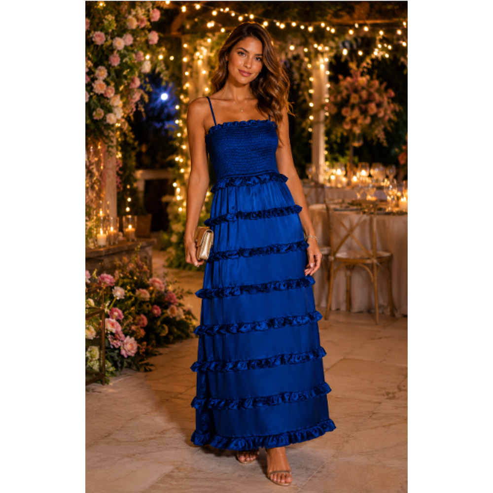 NWT Lulus Blue Satin Tiered Ruffle Smocked Maxi Dress Sz L Romantic Party Prom - Picture 3 of 14